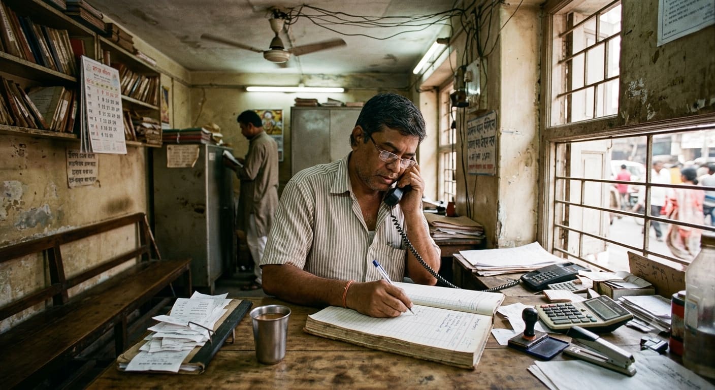A Rapid Roadlines operations clerk taking a booking on a landline phone and writing it into a ledger at a transport office desk in Kolkata.