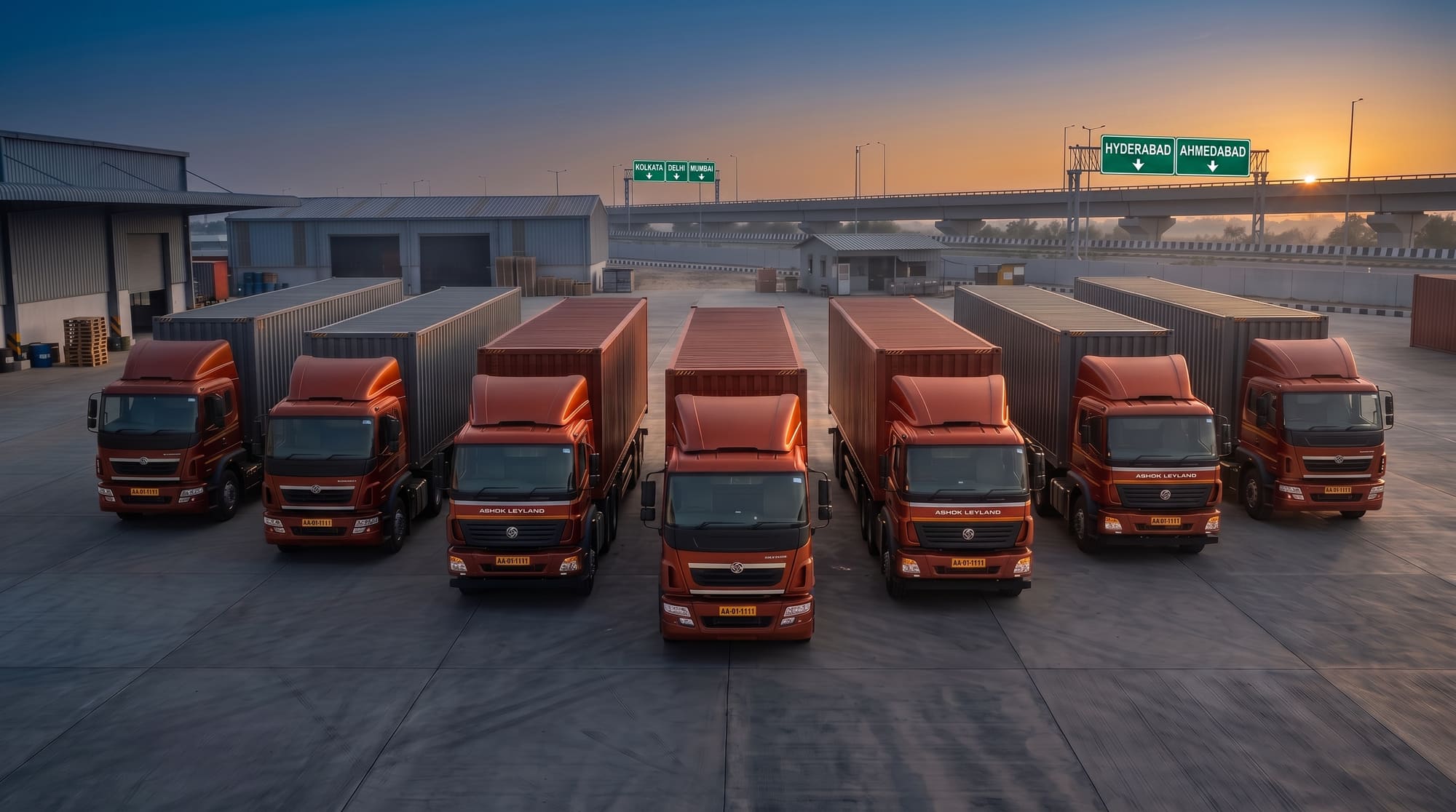 Seven Rapid Roadlines container trucks lined up at dawn at an Indian logistics depot, with highway boards for Kolkata, Delhi, Mumbai, Hyderabad and Ahmedabad overhead
