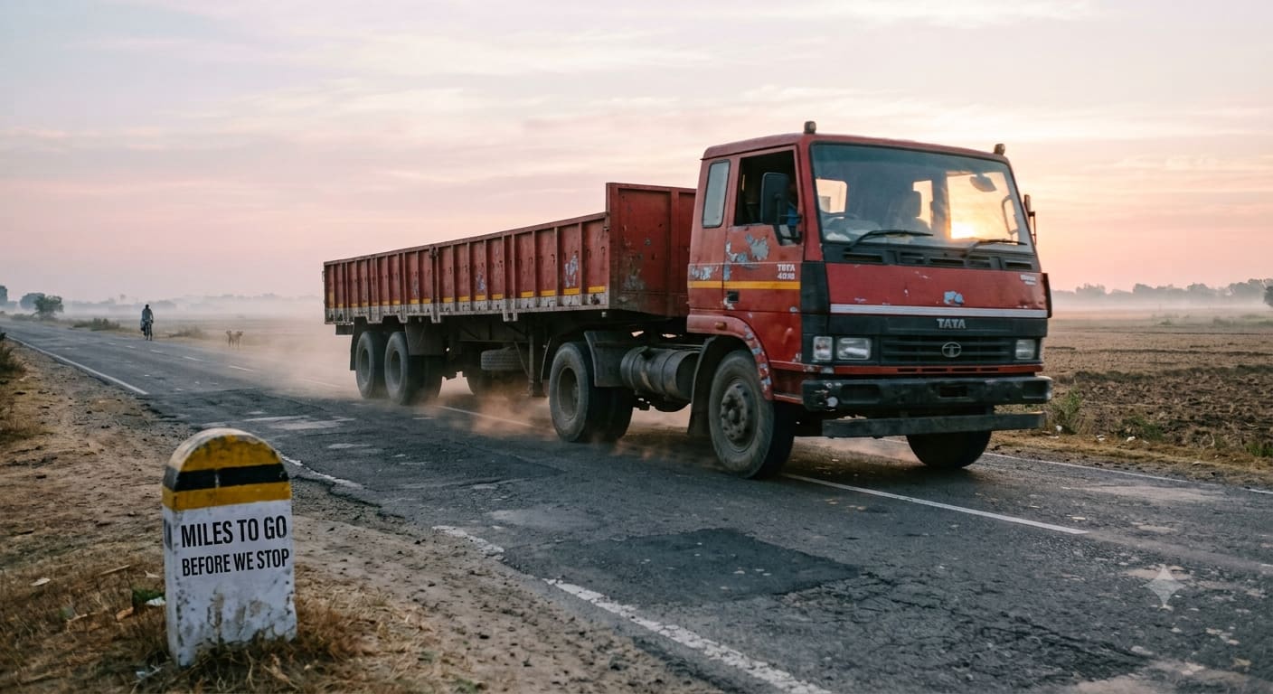 A loaded Rapid Roadlines truck passing a highway milestone marker on a dusty rural road at dawn.